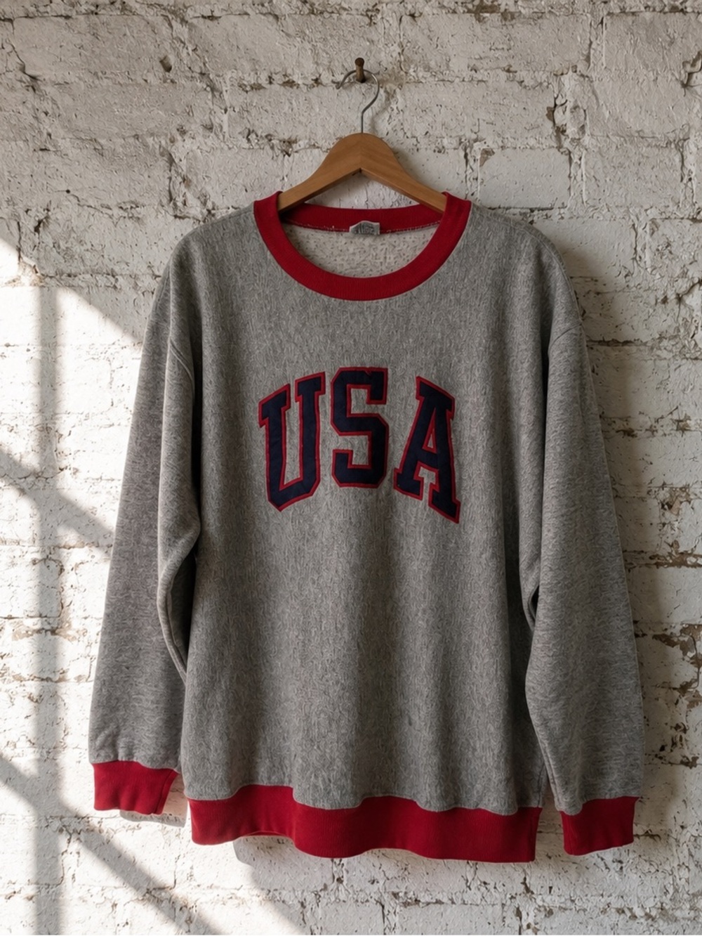 VTG 90s B-Wear USA Crewneck Sweatshirt Gray Red Contrast Trim Made in USA Large
